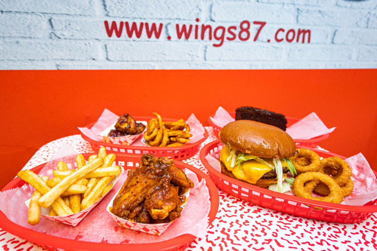 onion rings, wings, hamburger